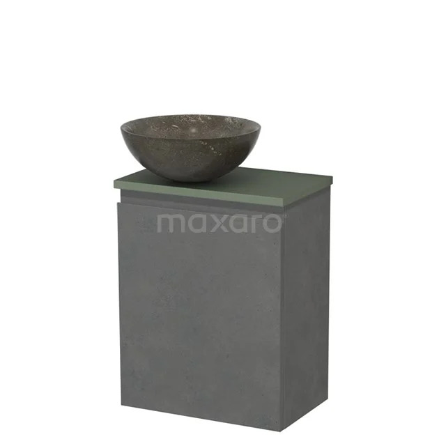 Toiletmeubel met waskom | 41 cm Donkergrijs beton Greeploos front Blue stone Natuursteen waskom Saliegroen blad TMK10-14026