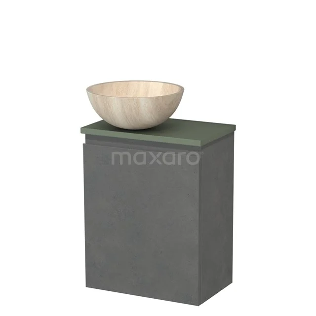 Toilet unit with countertop wash basin | 41 cm Dark grey concrete Handleless front Travertine Natural stone basin Sage green worktop TMK10-14033