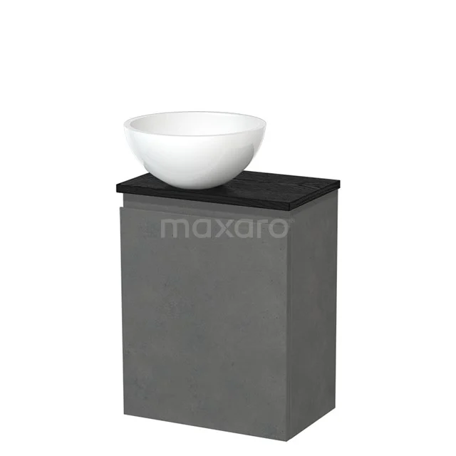 Toilet unit with countertop wash basin | 41 cm Dark grey concrete Handleless front High-gloss white Mineral marble basin Black oak worktop TMK10-14038