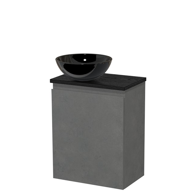 Toiletmeubel met waskom | 41 cm Donkergrijs beton Greeploos front Hoogglans zwart Keramiek waskom Zwart eiken blad TMK10-14043
