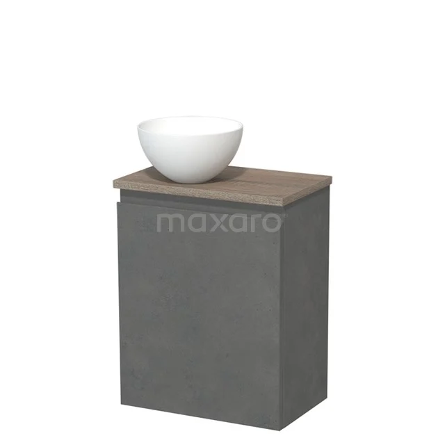 Toiletmeubel met waskom | 41 cm Donkergrijs beton Greeploos front Mat wit Solid surface waskom Eiken blad TMK10-14071