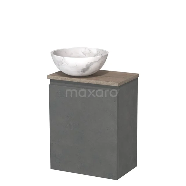 Toiletmeubel met waskom | 41 cm Donkergrijs beton Greeploos front Wit marmer Natuursteen waskom Eiken blad TMK10-14073