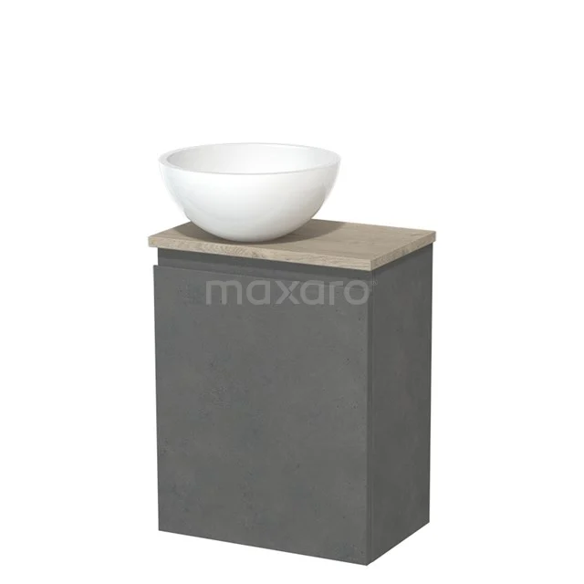 Toilet unit with wash basin | 41 cm Dark grey concrete Handleless front High-gloss white Mineral marble wash basin Light grey oak worktop TMK10-14077