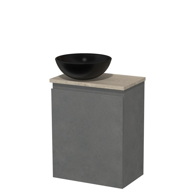 Toiletmeubel met waskom | 41 cm Donkergrijs beton Greeploos front Mat zwart Keramiek waskom Lichtgrijs eiken blad TMK10-14081