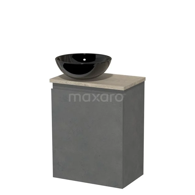 Toilet unit with countertop wash basin | 41 cm Dark grey concrete Handleless front High-gloss black Ceramic worktop Light grey oak worktop TMK10-14082