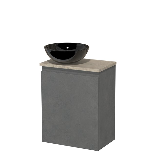 Toiletmeubel met waskom | 41 cm Donkergrijs beton Greeploos front Hoogglans zwart Keramiek waskom Lichtgrijs eiken blad TMK10-14082