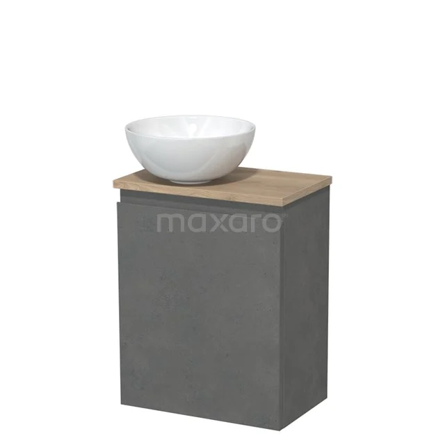 Toiletmeubel met waskom | 41 cm Donkergrijs beton Greeploos front Hoogglans wit Keramiek waskom Lichtbruin eiken blad TMK10-14088