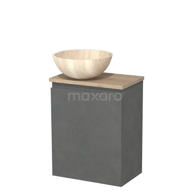 Toilet unit with countertop wash basin | 41 cm Dark grey concrete Handleless front Travertine Natural stone basin Light brown oak fronts TMK10-14098