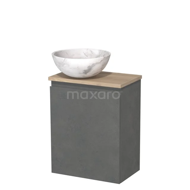 Toiletmeubel met waskom | 41 cm Donkergrijs beton Greeploos front Wit marmer Natuursteen waskom Lichtbruin eiken blad TMK10-14099