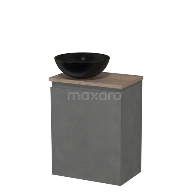 Toilet unit with countertop wash basin | 41 cm Dark grey concrete Handleless front Matte black Ceramic worktop Mid brown oak top TMK10-14107