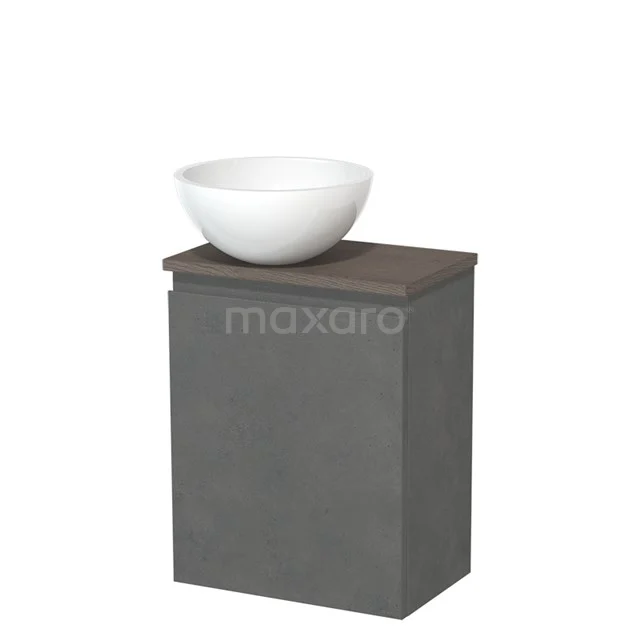 Toilet unit with countertop wash basin | 41 cm Dark grey concrete Handleless front High-gloss white Mineral marble worktop Dark brown oak worktop TMK10-14116
