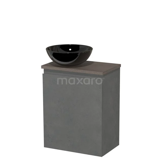 Toilet unit with countertop wash basin | 41 cm Dark grey concrete Handleless front High-gloss black Ceramic worktop Dark brown oak worktop TMK10-14121