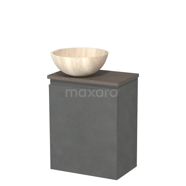 Toilet unit with countertop wash basin | 41 cm Dark grey concrete Handleless front Travertine Natural stone countertop wash basin Dark brown oak fronts TMK10-14124