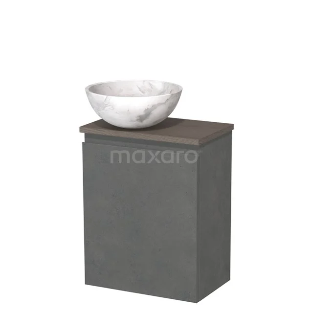 Toiletmeubel met waskom | 41 cm Donkergrijs beton Greeploos front Wit marmer Natuursteen waskom Donkerbruin eiken blad TMK10-14125