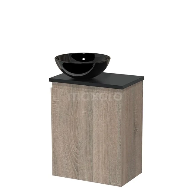 Toiletmeubel met waskom | 41 cm Eiken Greeploos front Hoogglans zwart Keramiek waskom Mat zwart blad TMK10-14174