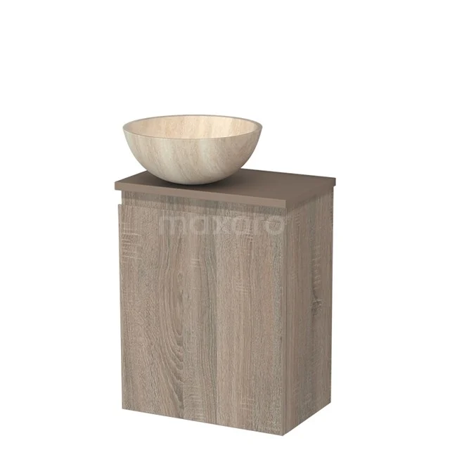 Toiletmeubel met waskom | 41 cm Eiken Greeploos front Travertin Natuursteen waskom Taupe blad TMK10-14190