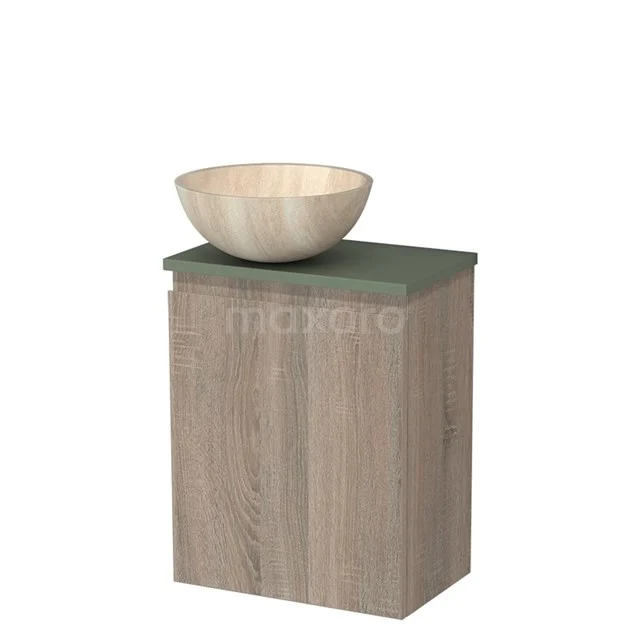 Toilet unit with countertop wash basin | 41 cm Oak Handleless front Travertine Natural stone countertop wash basin Sage green worktop TMK10-14255