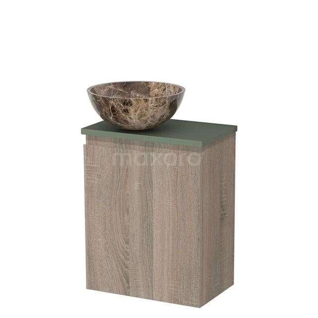 Toiletmeubel met waskom | 41 cm Eiken Greeploos front Dark emperador Natuursteen waskom Saliegroen blad TMK10-14257