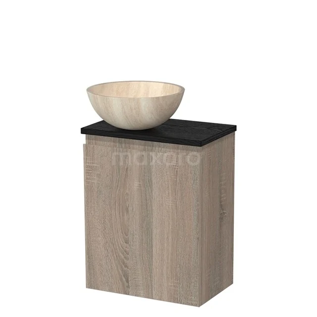 Toiletmeubel met waskom | 41 cm Eiken Greeploos front Travertin Natuursteen waskom Zwart eiken blad TMK10-14268