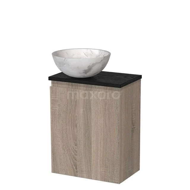 Toiletmeubel met waskom | 41 cm Eiken Greeploos front Wit marmer Natuursteen waskom Zwart eiken blad TMK10-14269