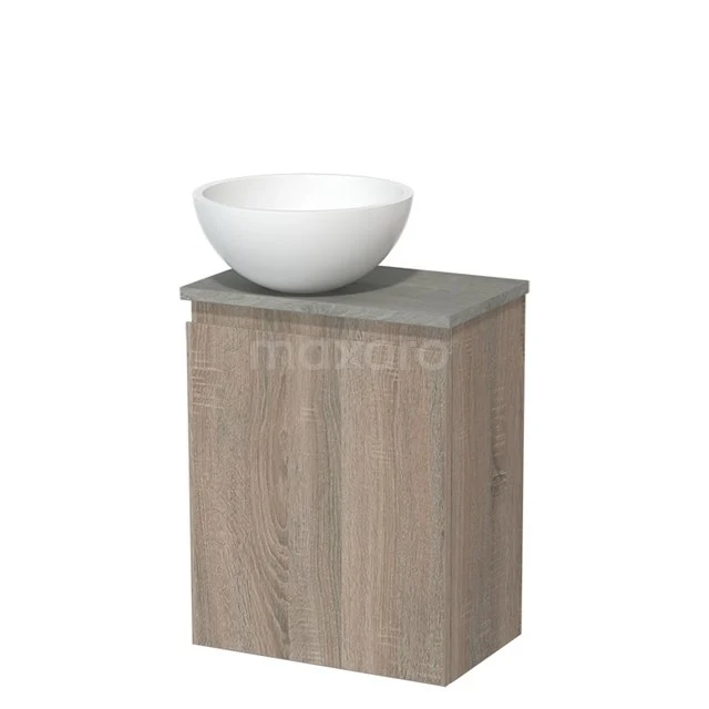 Toilet unit with countertop wash basin | 41 cm Oak Handleless front Matte white Solid surface wash basin Grey oak worktop TMK10-14350