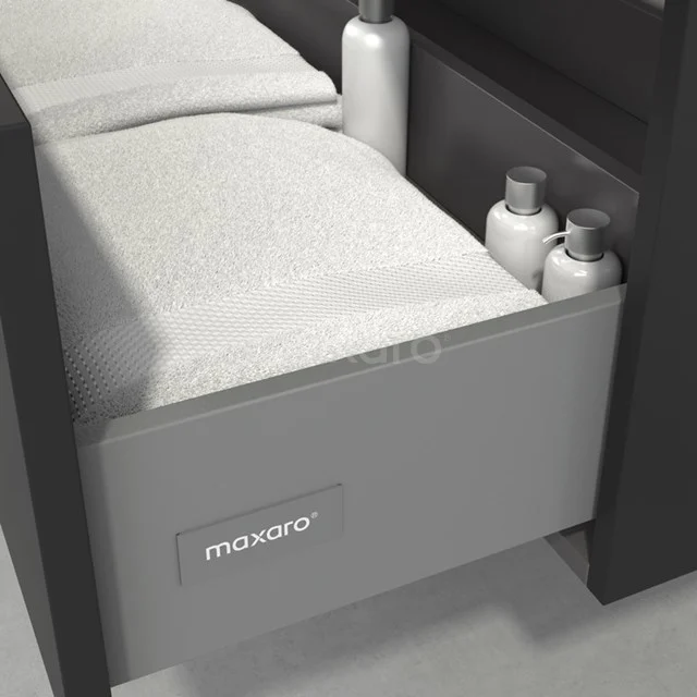 Grey bathroom drawer with towels and care products, modern design of Morena series.
