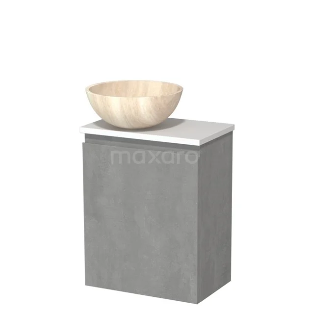 WC-Möbel mit Aufsatzwaschbecken | 41 cm Hellgrauer Beton Grifflose Front Travertin Naturstein Aufsatzwaschbecken Matt Weiß Platte TMK10-14451