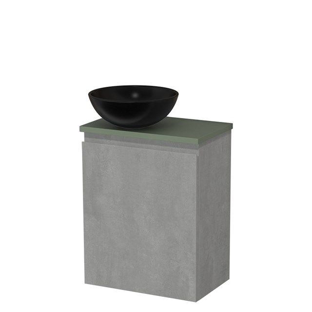 Toiletmeubel met waskom | 41 cm Lichtgrijs beton Greeploos front Mat zwart Keramiek waskom Saliegroen blad TMK10-14473