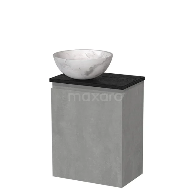 Toiletmeubel met waskom | 41 cm Lichtgrijs beton Greeploos front Wit marmer Natuursteen waskom Zwart eiken blad TMK10-14491