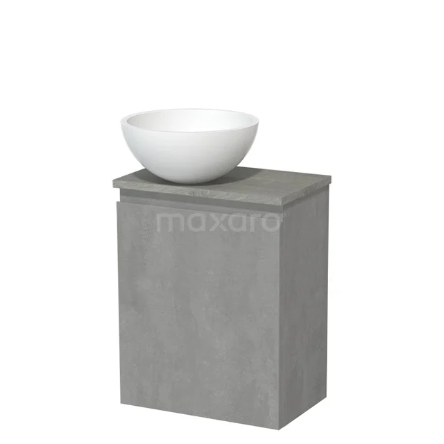 Toilet unit with countertop wash basin | 41 cm Light grey concrete Handleless front Matte white Solid surface basin Grey oak worktop TMK10-14572
