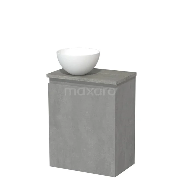Toilet unit with countertop wash basin | 41 cm Light grey concrete Handleless front Matte white Solid surface basin Grey oak worktop TMK10-14580
