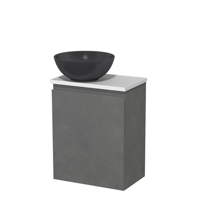 Toiletmeubel met waskom | 41 cm Donkergrijs beton Greeploos front Mat zwart Quartz waskom Hoogglans wit blad TMK10-14654