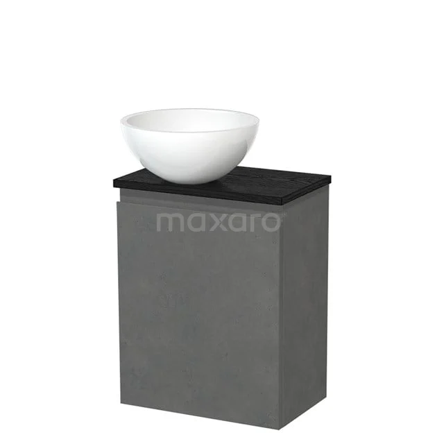 WC-Möbel mit Aufsatzwaschbecken | 41 cm Dunkelgrauer Beton Grifflose Front Hochglanz Weiß Mineralguss-Aufsatzwaschbecken Schwarze Eiche TMK10-14704