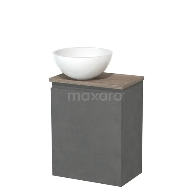 Toiletmeubel met waskom | 41 cm Donkergrijs beton Greeploos front Hoogglans wit Mineraalmarmer waskom Eiken blad TMK10-14730