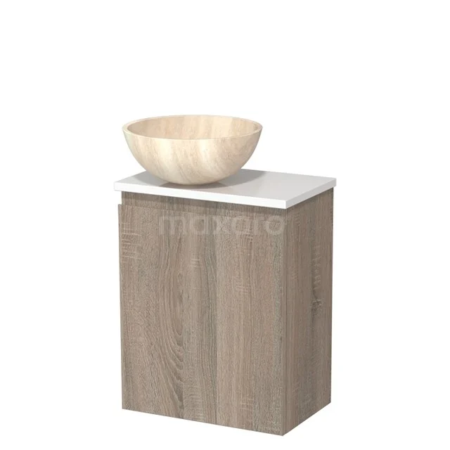 Toilet unit with wash basin | 41 cm Oak Handleless front Travertine Natural stone countertop wash basin High-gloss white worktop TMK10-14882