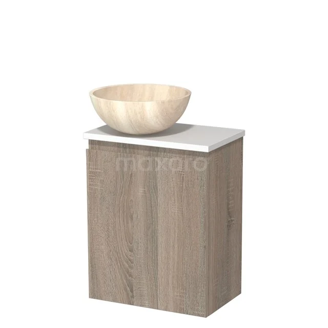 Toilet unit with wash basin | 41 cm Oak Handleless front Travertine Natural stone countertop wash basin Matte white worktop TMK10-14895