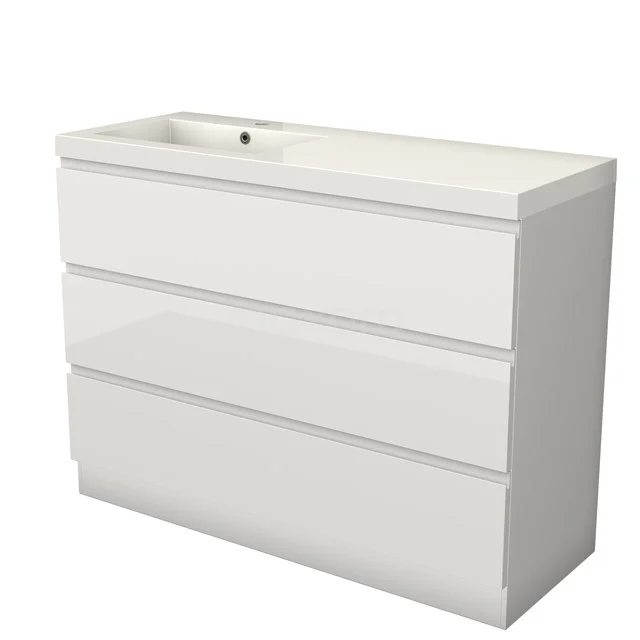 Modulo Vanity units with basin | 120 cm High-gloss white Handle-less front Mineral marble 3 standing drawers BMW19S-00605