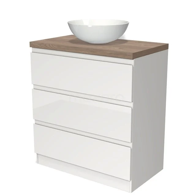 Modulo Plato Badmöbel mit Aufsatzwaschbecken | 80 cm Hochglanz Weiß Grifflos front Mittelbraune Eiche blatt 3 stehende Schubladen BMK19S-00080 Modulo Plato Badmöbel mit Aufsatzwaschbecken | 80 cm Hochglanz Weiß Grifflos front Mittelbraune Eiche blatt 3 stehende Schubladen BMK19S-00080