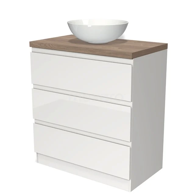 Modulo Plato Vanity units for countertop basin | 80 cm High-gloss white Handle-less front Mid brown oak worktop 3 standing drawers BMK19S-00080