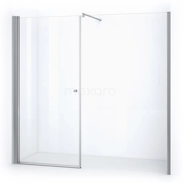 Modern walk-in shower with clear glass, aluminium profiles and pivot door, ideal for stylish bathroom design.