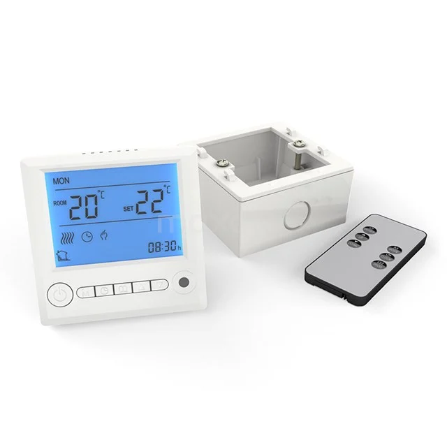 Weißes digitales Thermostatpanel mit blau beleuchtetem Display, einschließlich Unterputzdose und Fernbedienung für Badezimmerheizung.