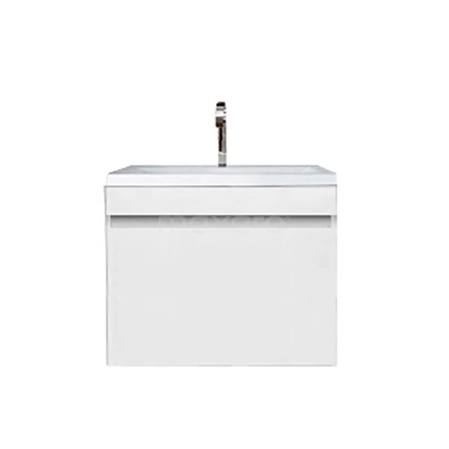 Badmöbel 60cm Curve Hochglanz Weiß 1 Schublade Flaches Waschbecken Mineralguss F01-060010401 Weißes schwebendes Badezimmermöbel mit 1 Schublade, klare Formgebung, inklusive Waschbecken aus Keramik und integrierter Haltegriff.