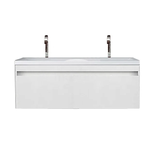 White floating vanity unit with double tap, modern sleek design, ideal for a stylish bathroom design.
