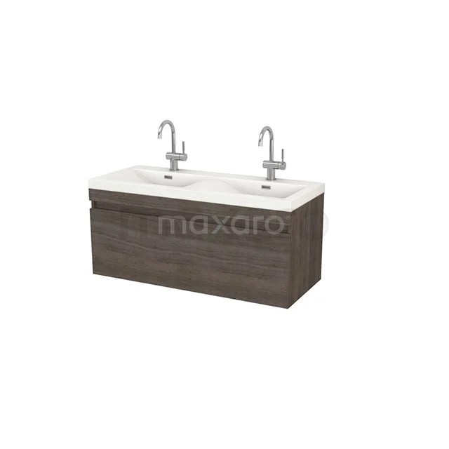 Wooden bathroom unit with vanity units with basin, modern design, dark brown veneer, including two silver taps.