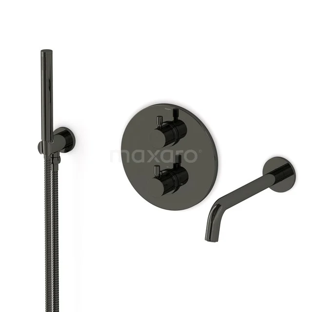 Radius Wanneneinbau-Mischbatterie-Set | Schwarzchrom Thermostatarmatur mit Handbrause 1 Position CIB55-00001