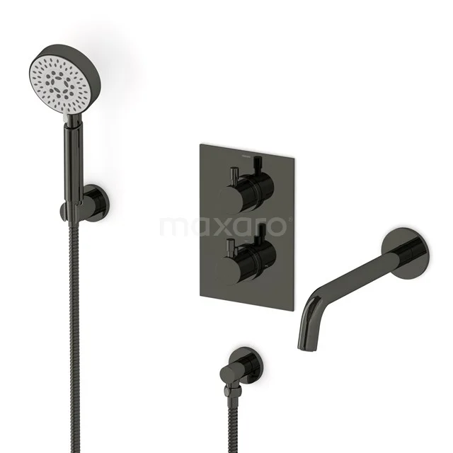 Radius Wanneneinbau-Mischbatterie-Set | Schwarzchrom Thermostatarmatur mit Handbrause 5 Positionen CIB55-00023