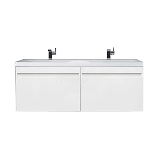 Badmöbel 144cm Curve Hochglanz Weiß 2 Schubladen Flaches Waschbecken Mineralguss F01-144020401 Weißes Badezimmermöbel mit Doppelwaschbecken, moderne Designserie, klare Linien, perfekt für eine stilvolle Badezimmergestaltung.