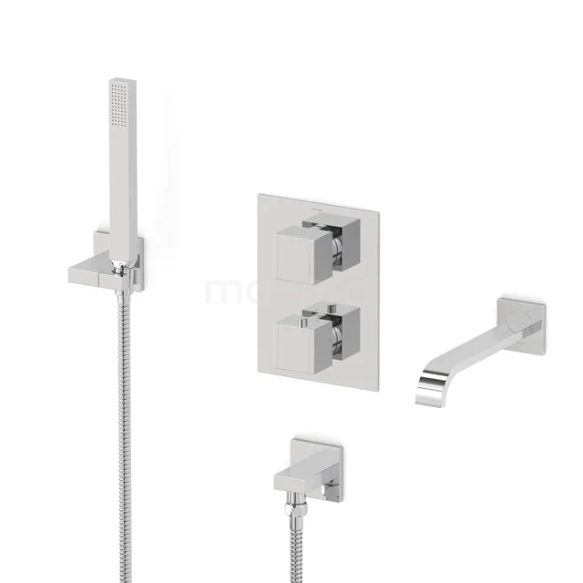 Cubic Wanneneinbau-Mischbatterie-Set | Chrom Thermostatarmatur mit Handbrause 1 Position CIC44-00013