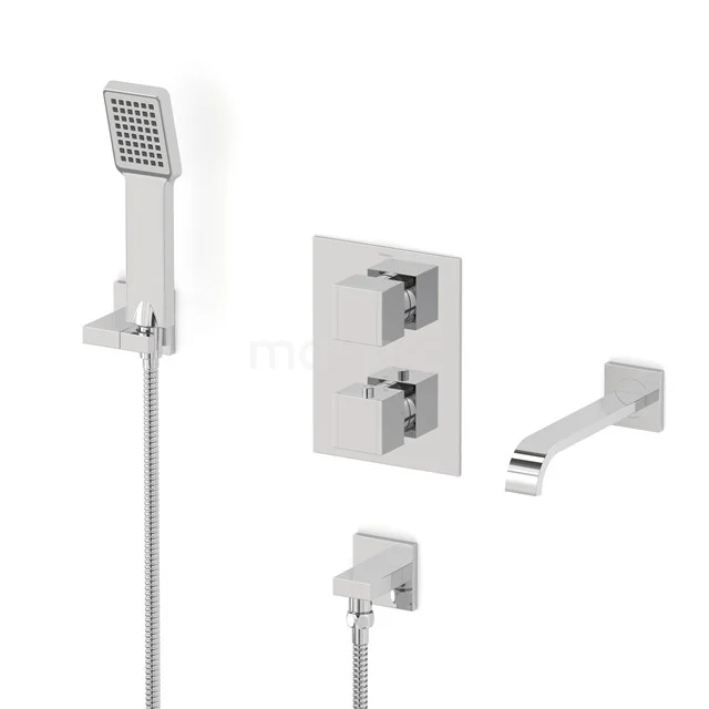 Cubic Wanneneinbau-Mischbatterie-Set | Chrom Thermostatarmatur mit Handbrause 1 Position CIC44-00053