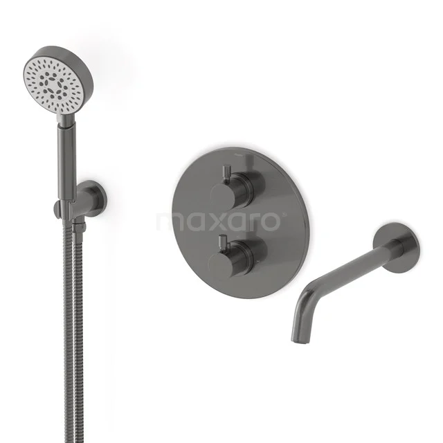 Radius Wanneneinbau-Mischbatterie-Set | Schwarzes Metall Thermostatarmatur mit Handbrause 5 Positionen CIM55-00016